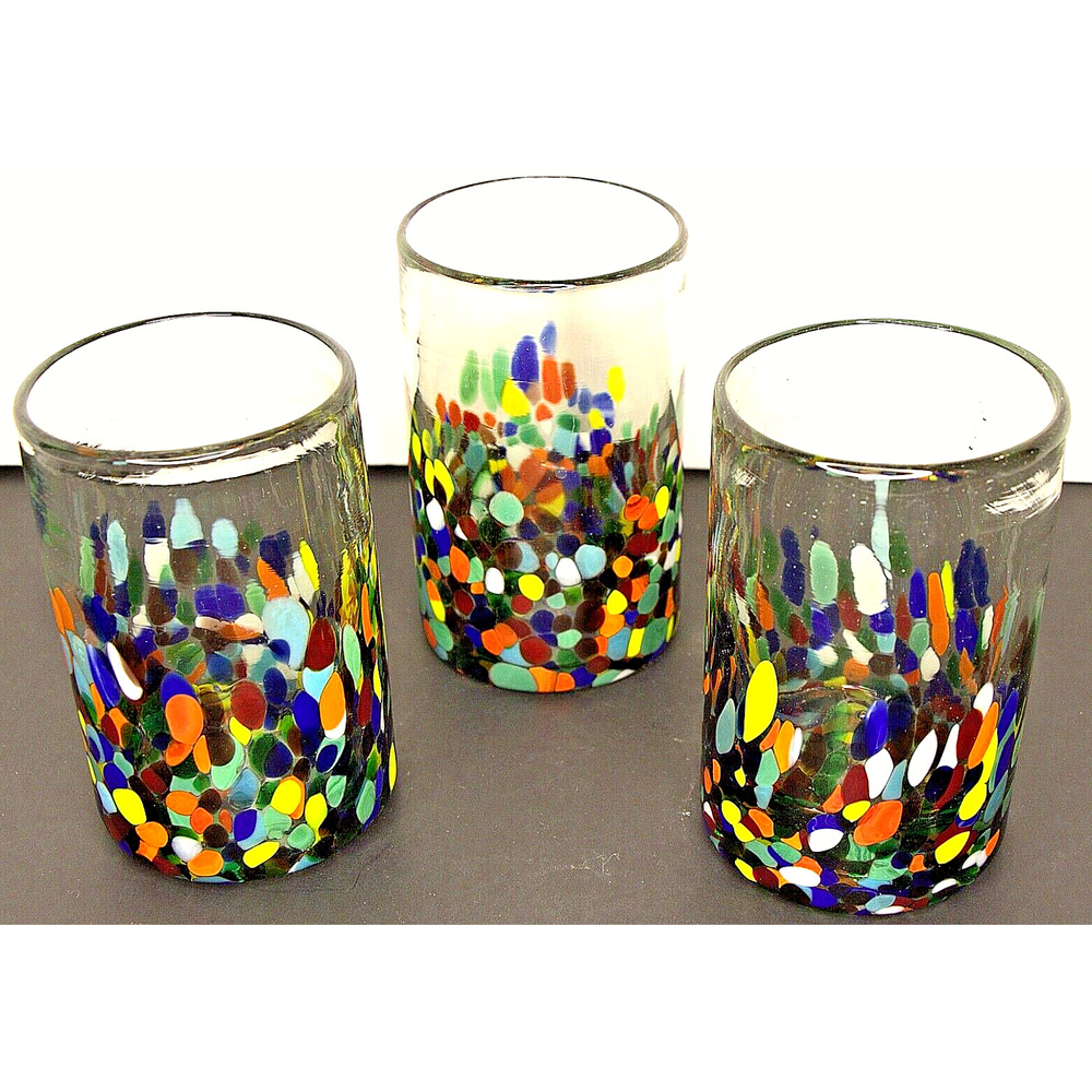 3 Granata Confetti Highball Glasses Handblown in Mexico, Vibrant Art Glass Cups